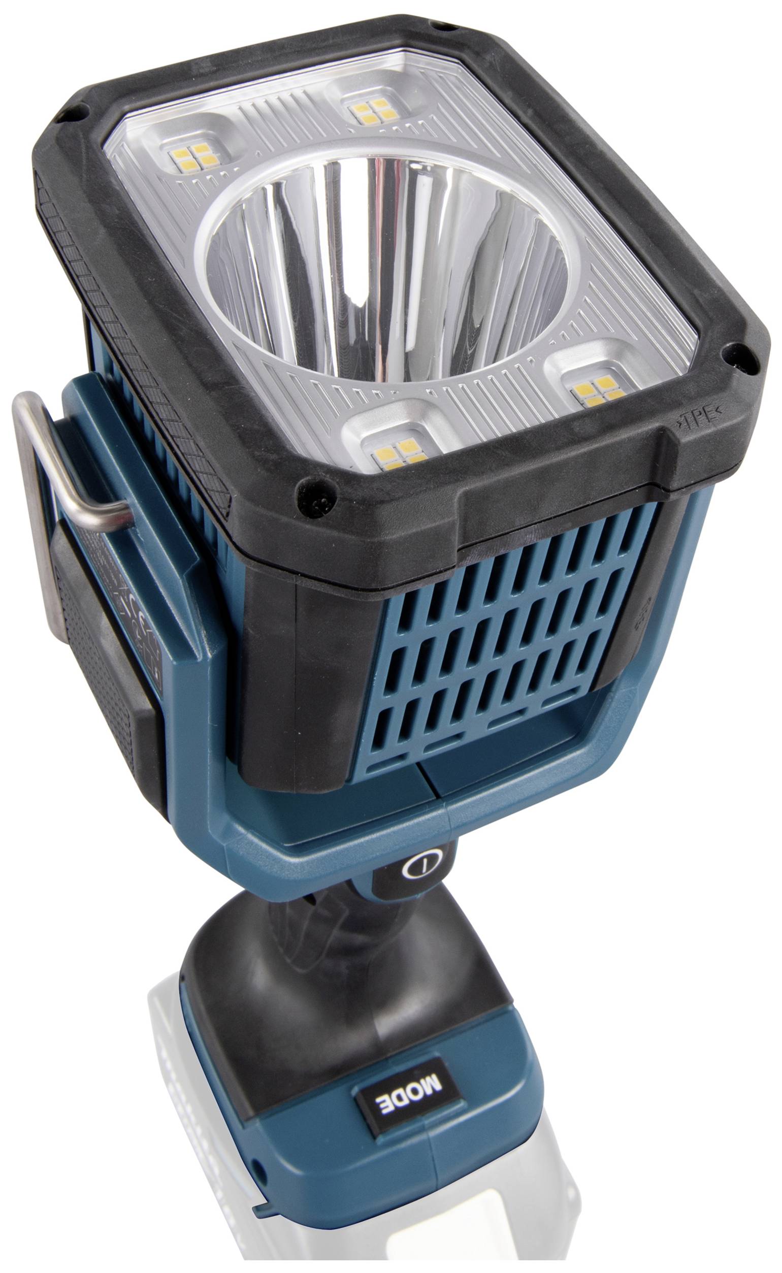 A portable work light with a robust housing and four LED lights. Ideal for construction sites or workshops.