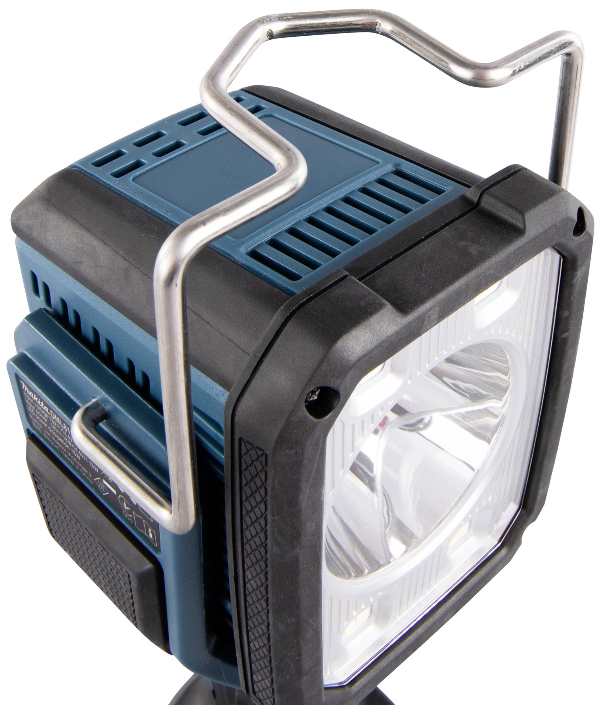 Portable work light with metal handle and robust casing, suitable for construction sites or workshop use.