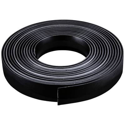 A reel of black magnetic tape several metres long. The tape is evenly wound and shows a cut edge.