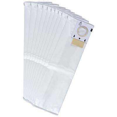 Vacuum cleaner bags made from white, multi-layered material in a fan-like design, with an opening and closure clip at the top, for filter replacement.