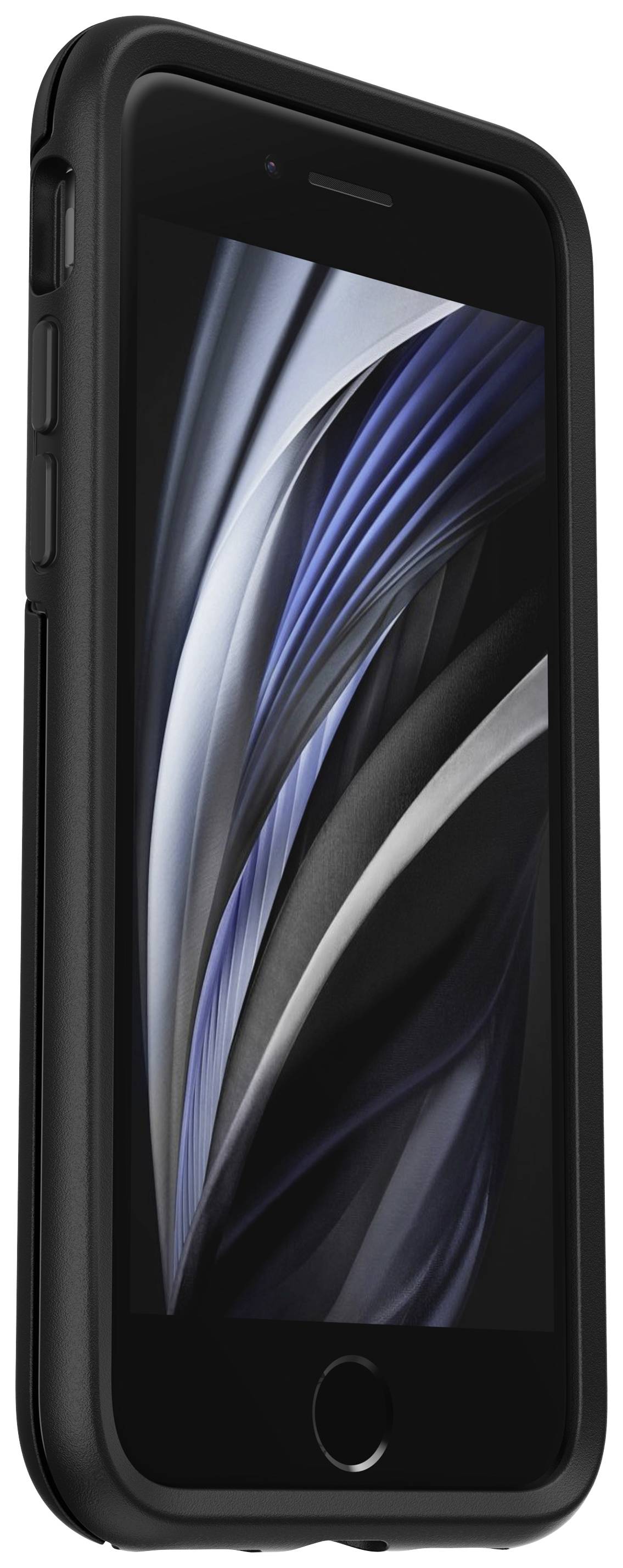Black smartphone with rounded edges and a screen displaying abstract black and blue lines.