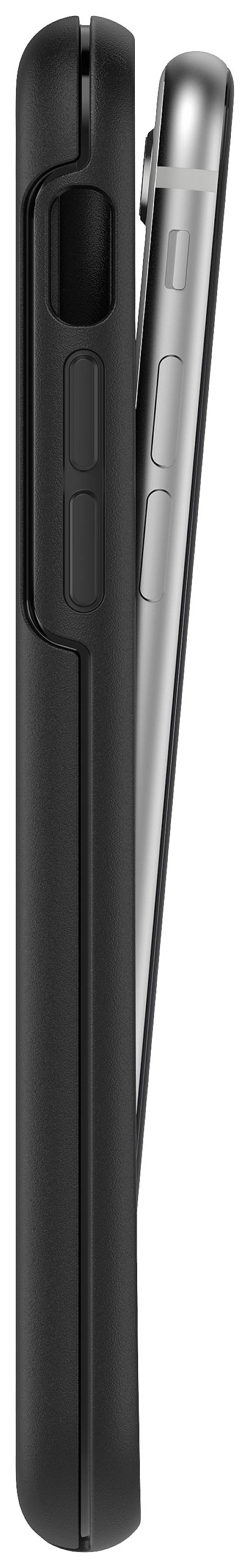 A slim smartphone in a black protective case. Side view reveals the buttons and camera opening of the case.