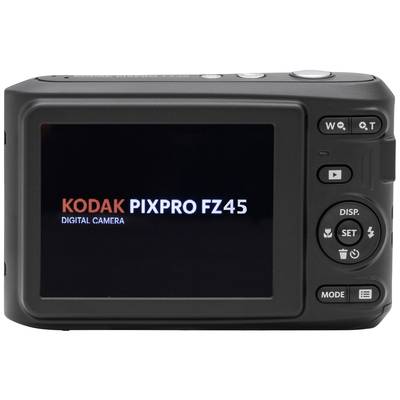 Digital camera back with display 'KODAK PIXPRO FZ45'. Shows controls and screen status.