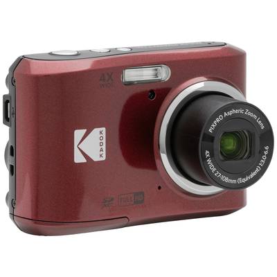 Red digital camera with 4x zoom lens and built-in flash. 'Kodak' branding visible. Compatible with SDXC cards and Full HD.