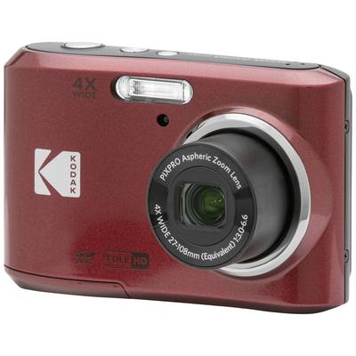 Red digital camera with black lens and flash, Kodak brand logo visible, suitable for SD cards and Full HD recordings.
