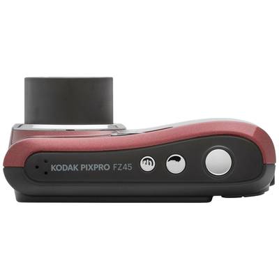 Digital camera, red and black body, side view with extended lens; model designation: 'KODAK PIXPRO FZ45'.