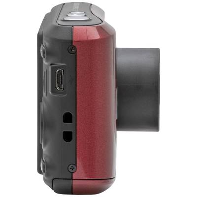 Red digital camera shown from the side, with lens and several ports visible.