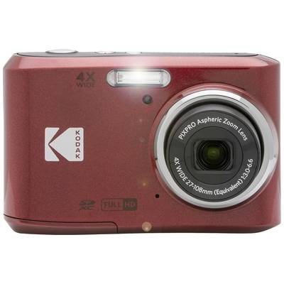 Red digital camera with zoom lens, flash and brand logo on the front. Printed text details: '4X WIDE', 'FULL HD'.