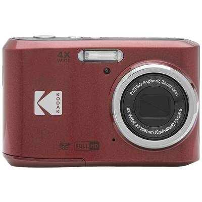Red digital camera with 4X wide-angle zoom lens. 'Kodak' brand logo visible. Full HD resolution, compatible with SDXC cards.