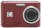 Red digital camera with 4X wide-angle zoom lens. 'Kodak' brand logo visible. Full HD resolution, compatible with SDXC cards.