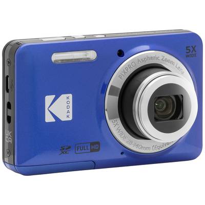 Blue digital camera with a large lens and various control elements. A marked logo of a well-known camera brand is visible.