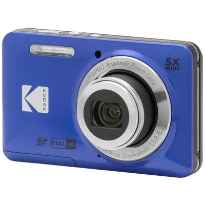 A blue digital camera with 5x zoom lens, flash, and SD card slot. Branded 'Kodak', supports Full HD.