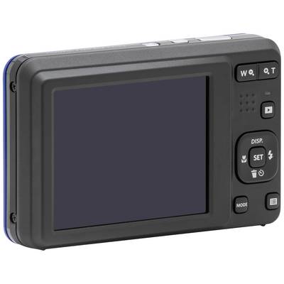 Rear view of a digital camera with a display and multiple control buttons, including zoom, menu, and playback.