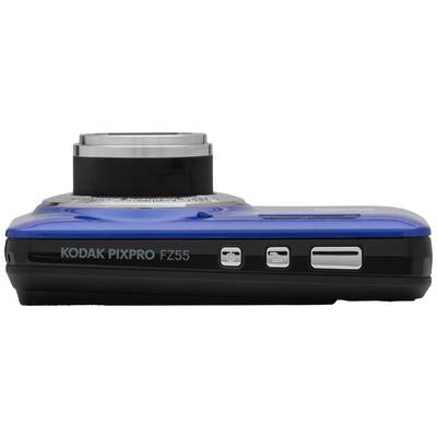 Blue digital camera with extended lens. Brand and model 'Kodak Pixpro FZ55' visible on the side.