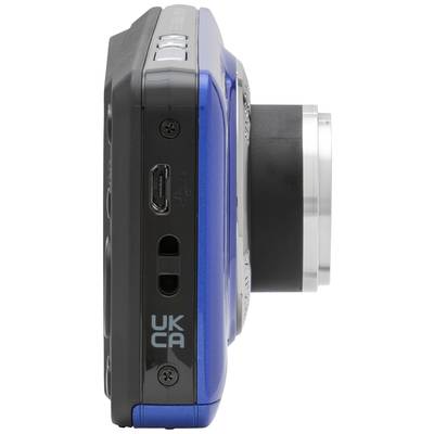 Compact digital camera viewed from the side, in blue, with lens extended and visible ports on the left side.