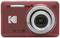 Red digital camera with 'Kodak' label, Full HD logo and 5x zoom lens, pictured front-on.