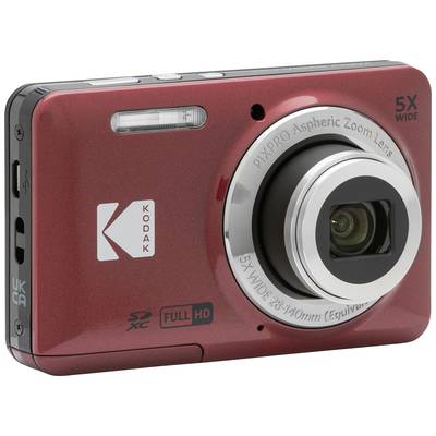 A red digital camera with 'Kodak' printed on it, featuring a 5x wide-angle zoom and full HD resolution, with connections on the left-hand side.