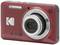 Red digital camera with lens, flash, and brand logo on the front.