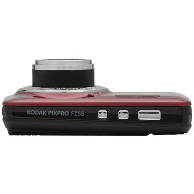 Compact camera in red colour, side view, with the text 'Kodak Pixpro FZ55'.