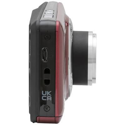 A red digital camera shown from the side, with an extended lens. Connections and the 'UKCA' label are visible on the side.