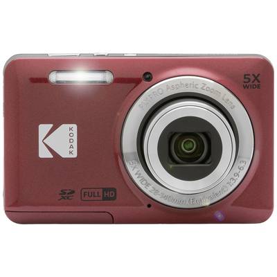 Red compact camera with zoom lens, flash, and 'Kodak' logo. Features include 5X wide image and Full HD.