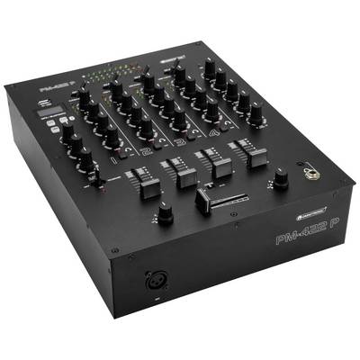 Black DJ mixing desk with four channels, multiple rotary knobs and sliders. Model PM-422 P.