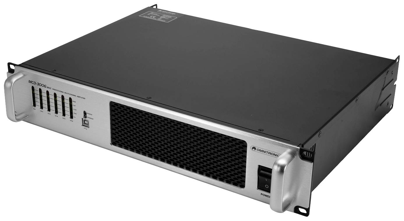 A silver amplifier with black mesh openings and multiple controls on the front panel. Suitable for audio amplification.