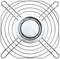 A square, silver metal fan cover consisting of concentric rings and diagonal struts.