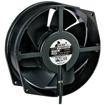 A black extractor fan with a housing suitable for industrial applications. Technical specifications are printed on the label.