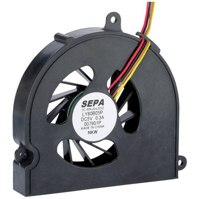 A small, round black fan with cables for connection. On the fan it reads 'SEPA DC BRUSHLESS LY60B05P' along with additional technical details.