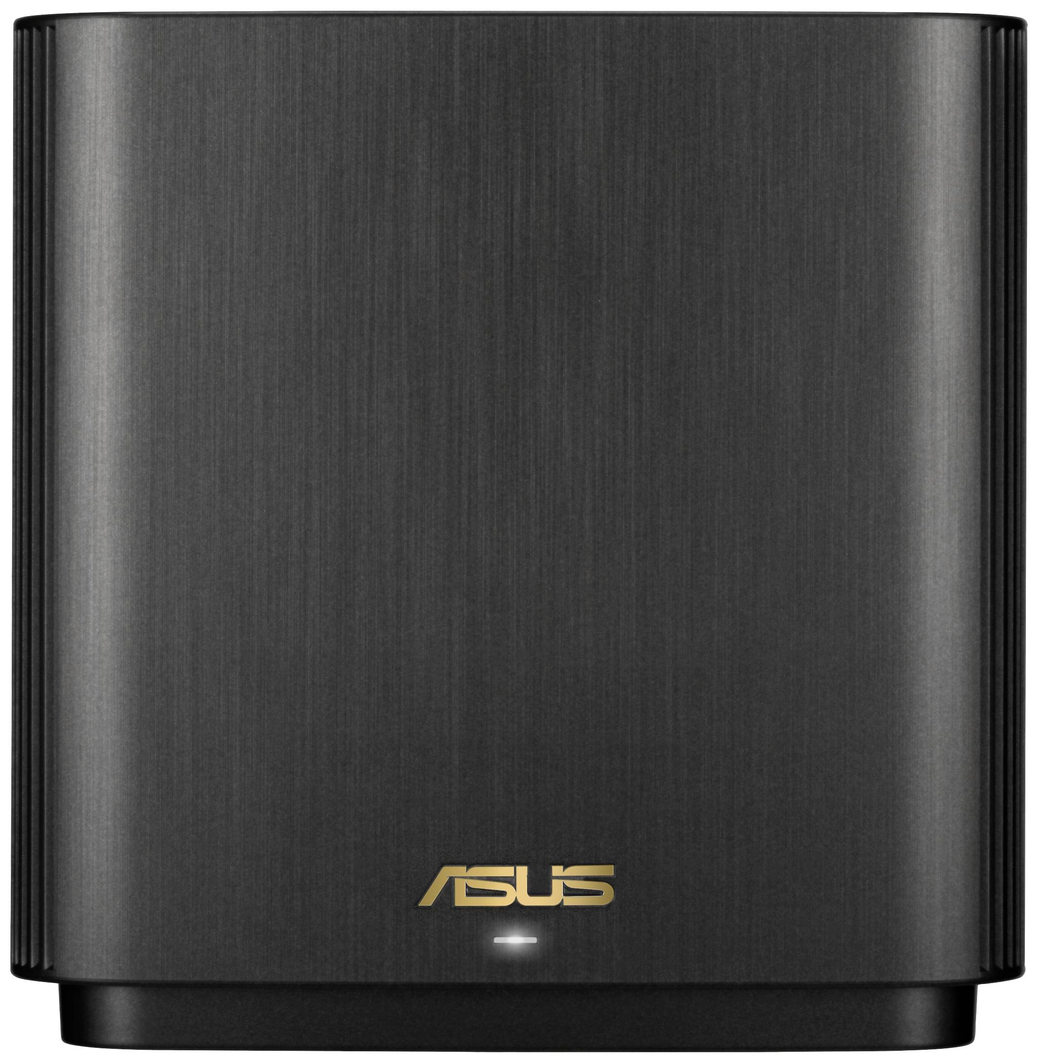 Black, rectangular ASUS device, possibly a router or hard drive, with gold logo in the centre at the bottom.