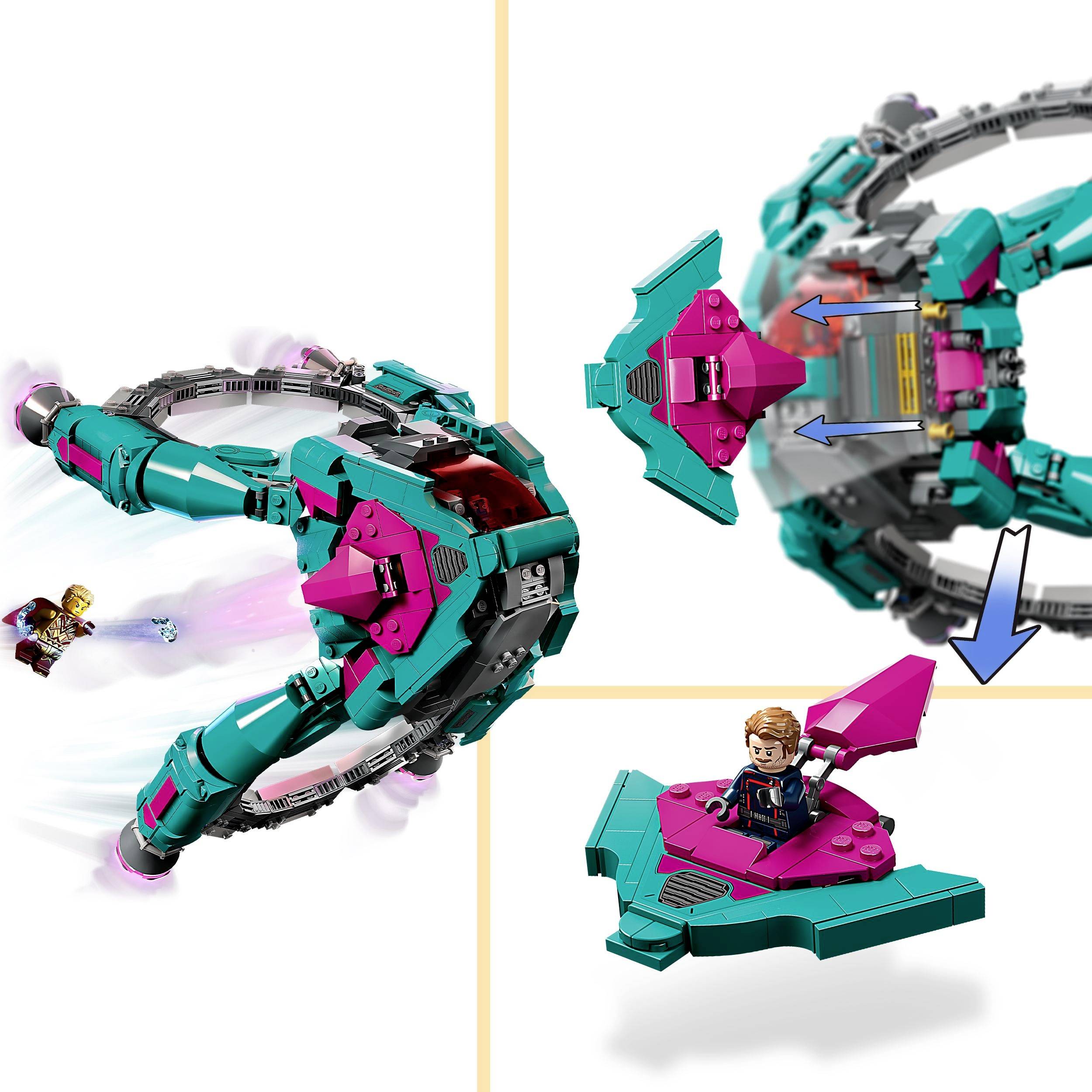 A spaceship toy with figures that transforms by opening a section. Main character flies on a small platform. Arrows indicate direction of movement.