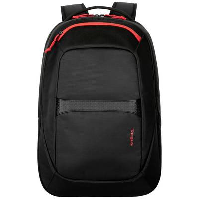 Black rucksack with red details and padded shoulder straps, suitable for school or work.