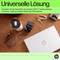 Laptop on desk, surrounded by keys, water bottle and cables. Headline 'Universal Solution', promoting USB-C charging.