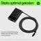 A black HP USB-C charger with text: 'Always optimally charged'. Delivers 15, 27, 60 or 65 W power. Light and compact.