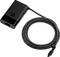 Black laptop charger with USB-C cable in fabric sheathing on white background.