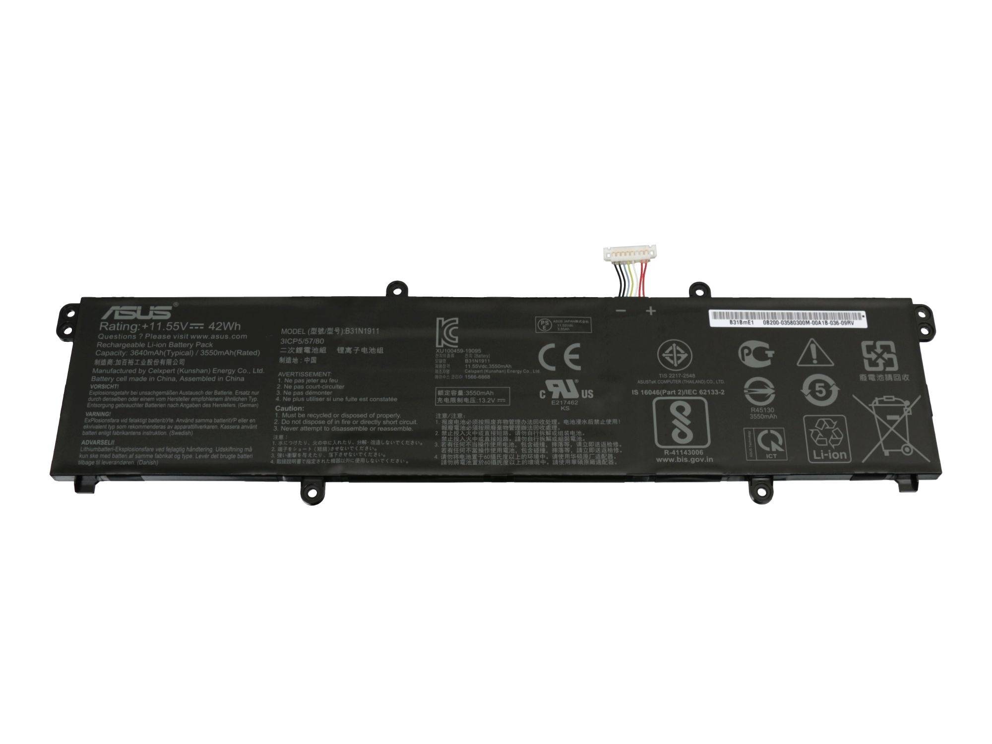 A black laptop battery with multiple certification and safety symbols, along with technical specifications on the front.