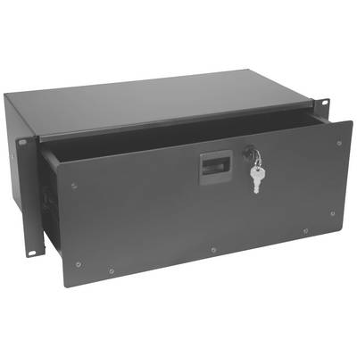 A black, rectangular metal cabinet with an open flap revealing its interior. A lock with a key is located on the front side.
