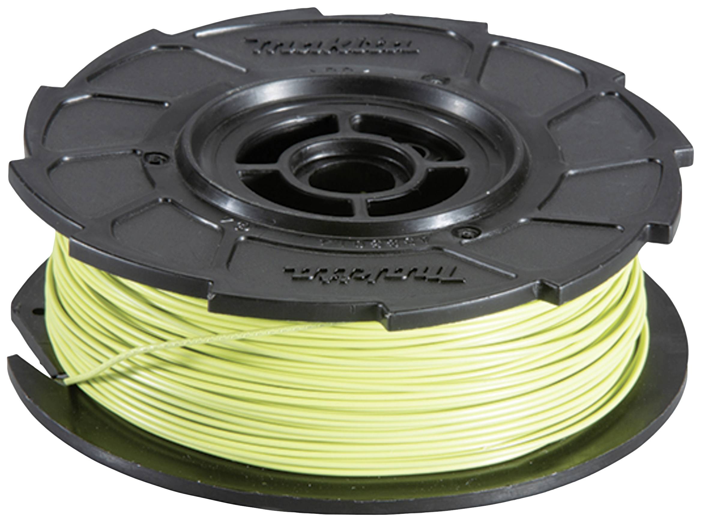 A black spool with yellow thread, suitable for a lawn strimmer.