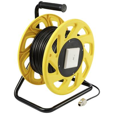 An extension lead on a yellow cable reel with a black handle. The plug is visible beside the reel.