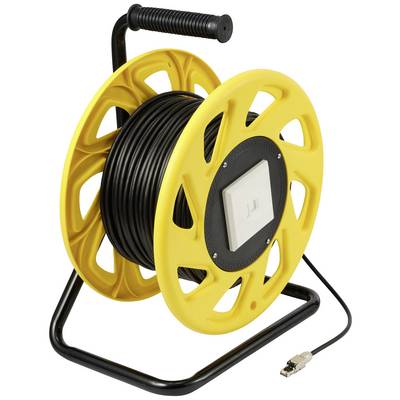Yellow cable reel on a black stand with a black cable wound around it and a plug connection.