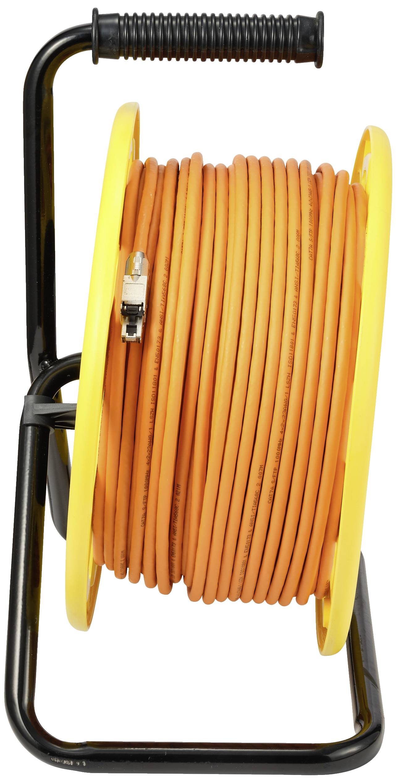 Orange extension lead on a yellow cable drum stand.