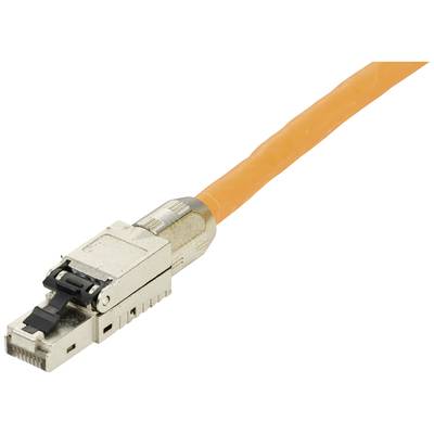 An orange network cable with a metal connector at the end, suitable for data connections.