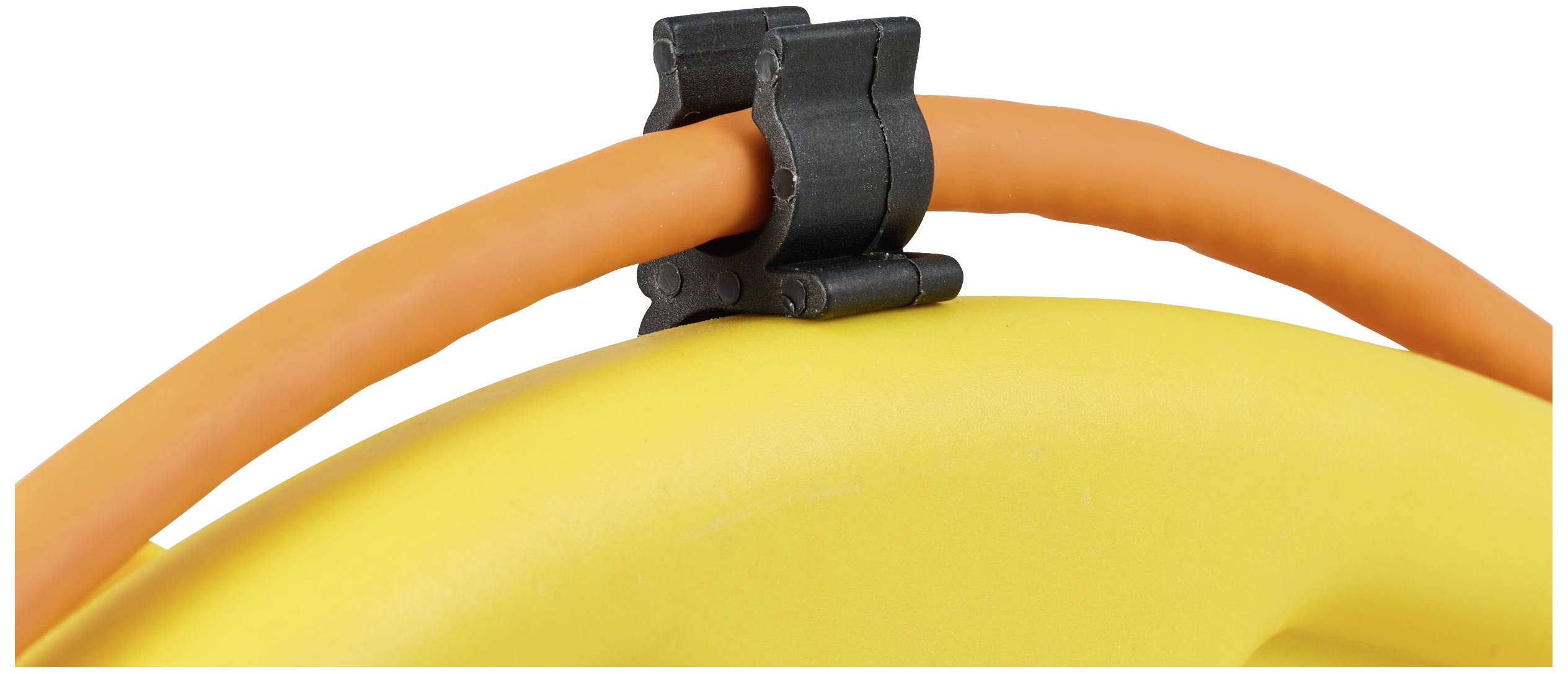 An orange cable is secured with a black plastic clip to a yellow carrying handle.
