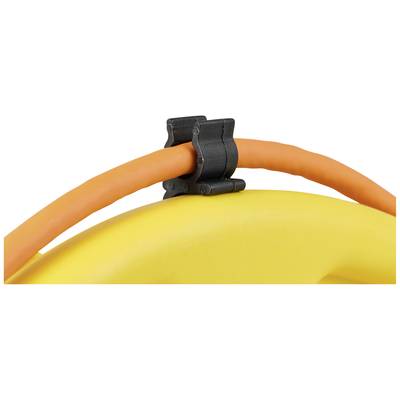An orange cable is secured with a black plastic clip to a yellow carrying handle.