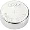 Silver-coloured button cell battery with the inscription 'LR44 0%Hg CELL'.