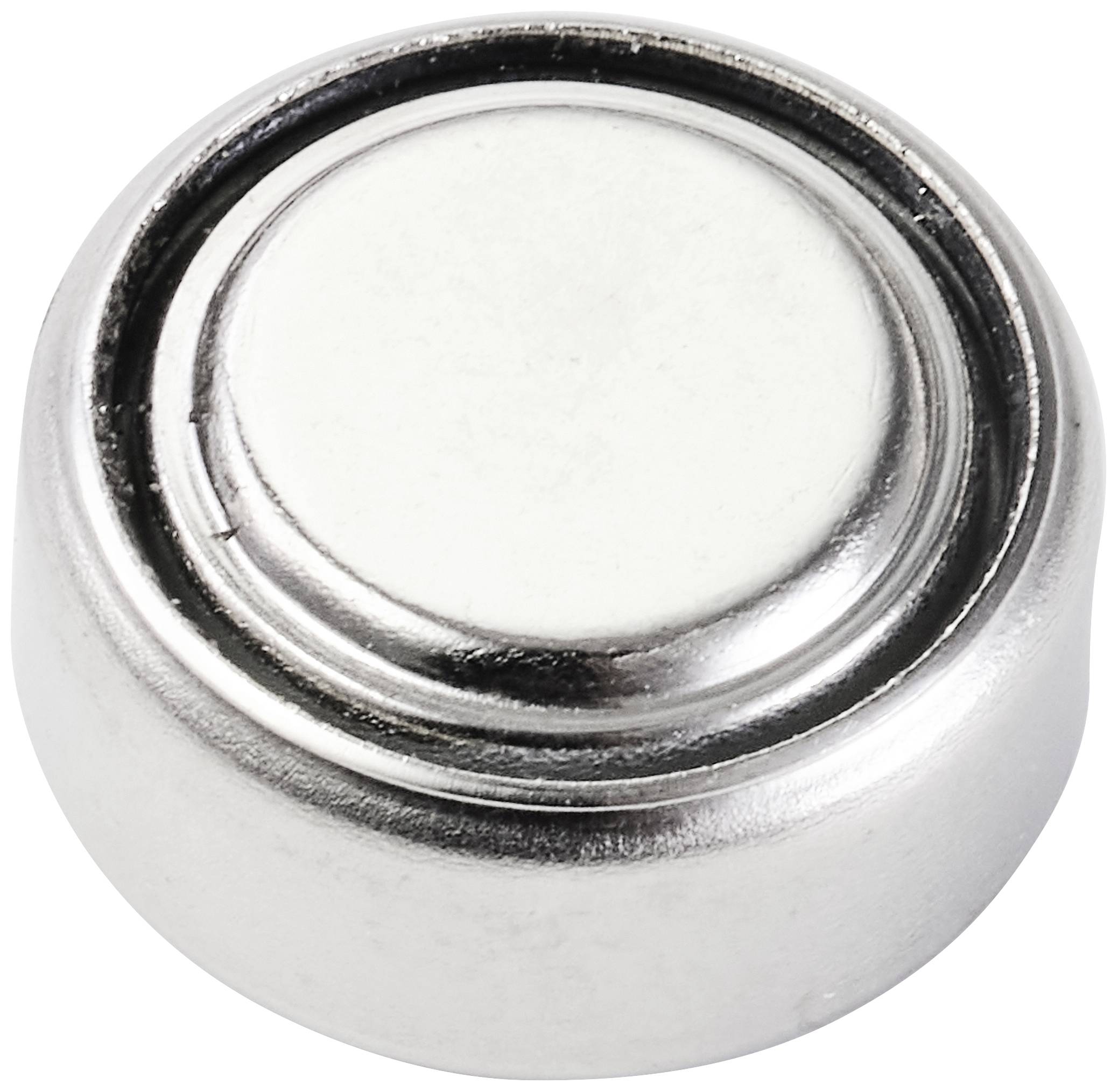 A round silver battery, typically a button cell, on a white background. Ideal for small electronic devices.