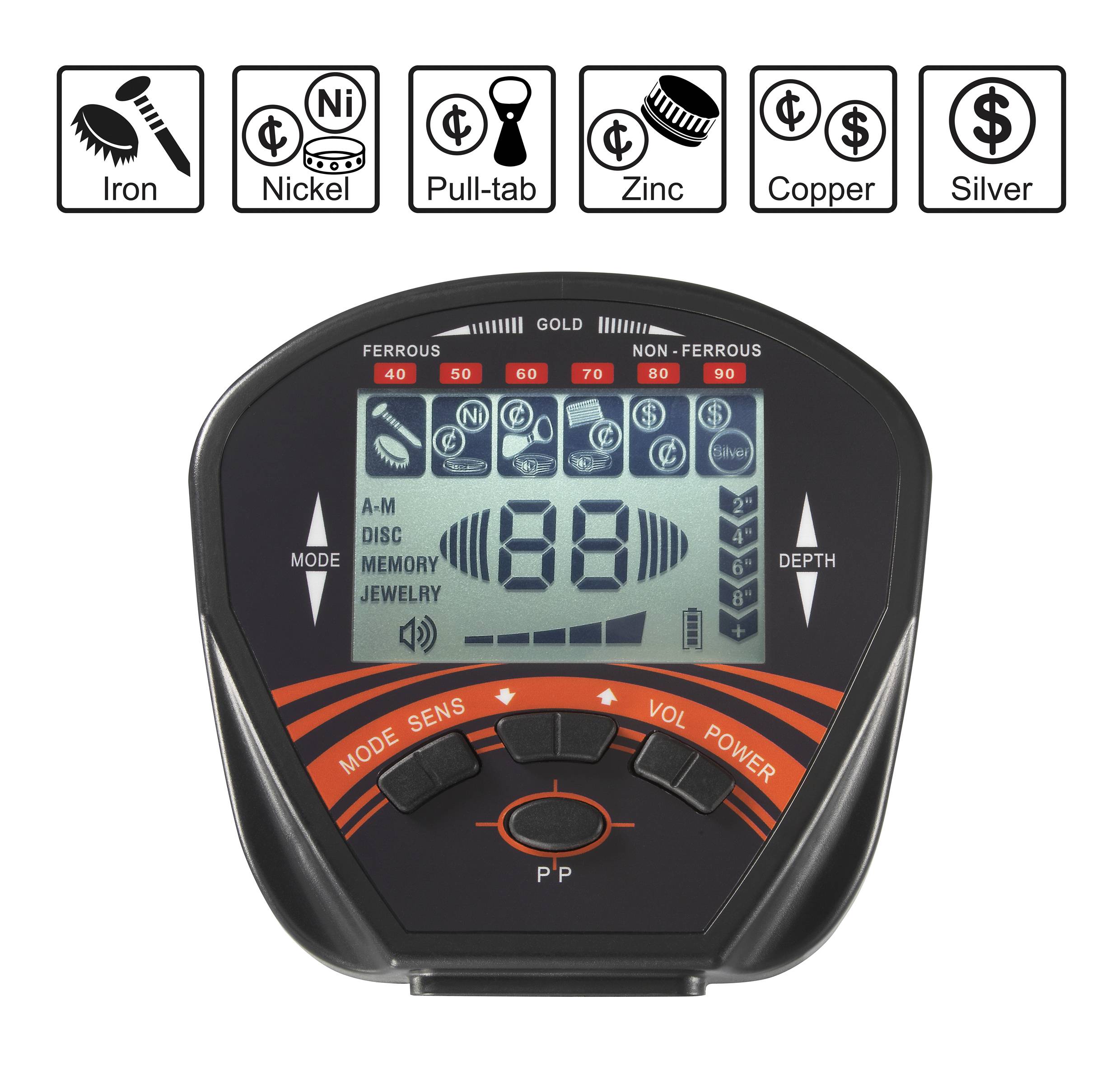 Metal detector display shows modes: A-M, Disc, Memory, Jewellery. Metals detected: Iron, Nickel, Zinc, Copper, Silver.