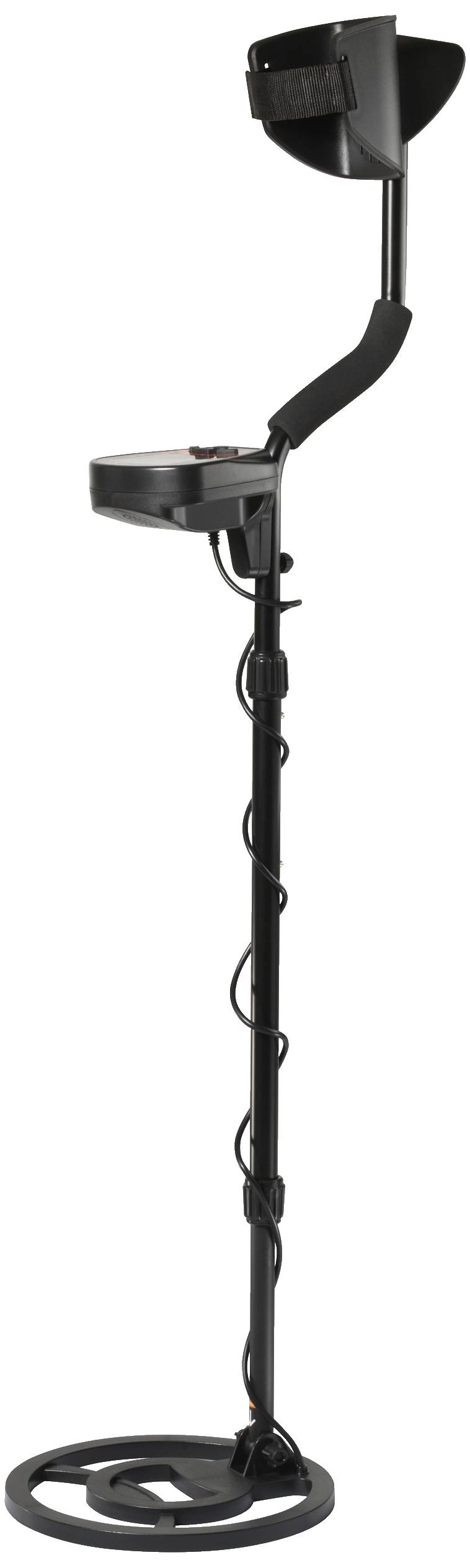 Black metal detector with an ergonomic handle and circular search coil. Designed for detecting metal objects in the ground.