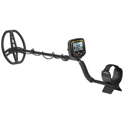 A metal detector with a digital display shows '22'. The detector has a circular coil and an ergonomic handle.